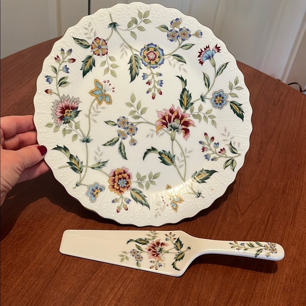 Vintage Floral Porcelain Pedestal Plate and Server Set